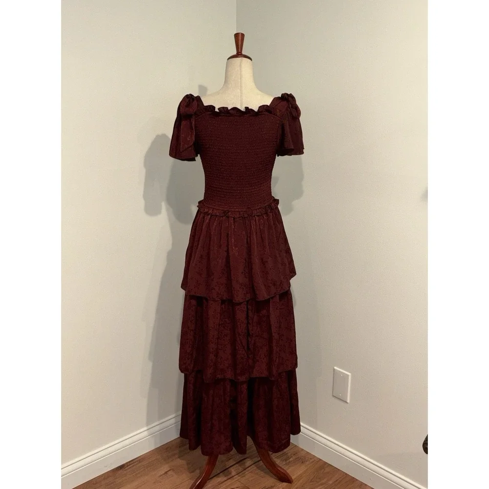 Ivy City Co Alana Tiered Smocked Burgundy Wine Size Medium Cottagecore Maxi - Picture 5 of 10